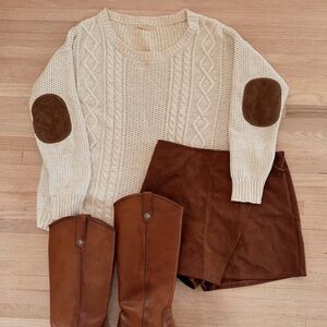 Cable Knit Cream Sweater with Brown Suede Elbow Pads